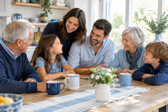 Illustrative family gathered around a sunny kitchen table