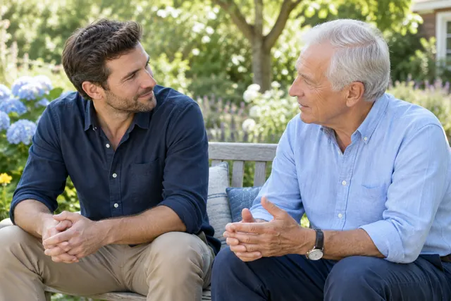 Two adults sitting together at a kitchen table in a quiet conversation