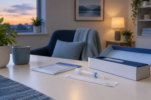 Evening scene of a lamp lit table with a DNA kit and a wall clock