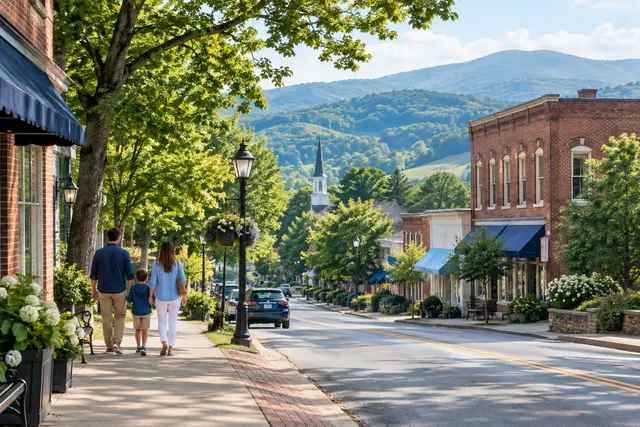 Illustrative Tennessee town with leafy streets and brick buildings