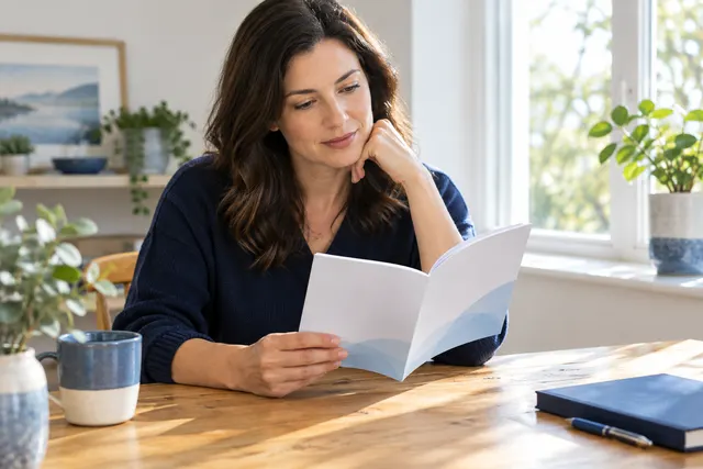 An adult reading an information booklet at a sunlit table