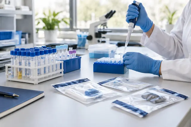 Laboratory bench with sample tubes and a magnifier under cool light