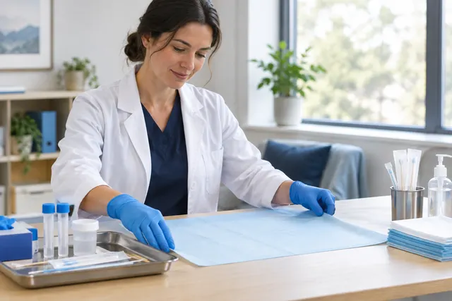 Gloved healthcare professional preparing a clean collection workspace.