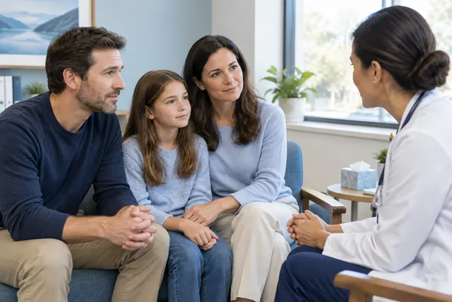 Family talking with a healthcare professional in a private room.