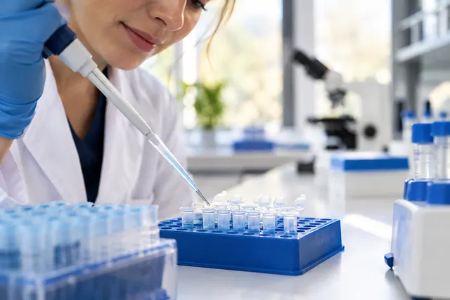 Pipette and organized specimen tubes in a laboratory.