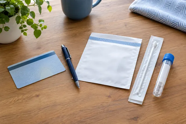 Sealed evidence envelope and identification paperwork beside a DNA sample kit