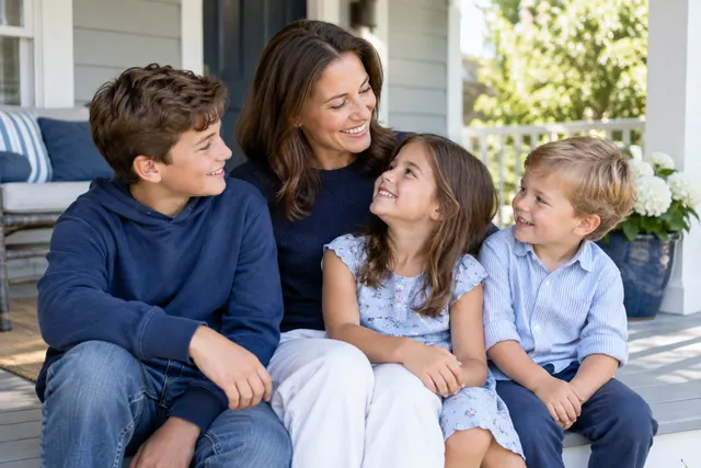 Three children of different ages playing together on a living room rug