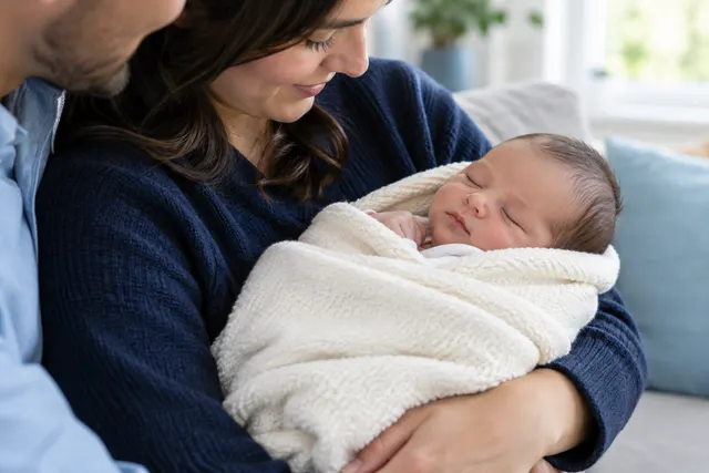 Newborn baby wrapped in a soft blanket held by a parent
