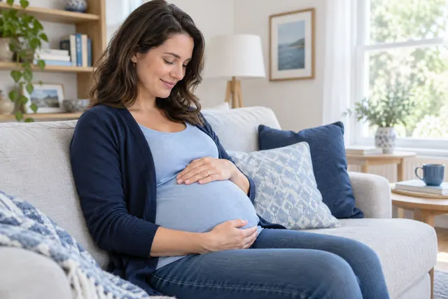 Expectant mother resting her hand on her pregnancy in soft morning light