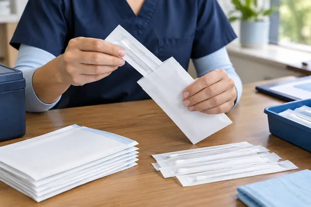 DNA sample kits and paperwork organized on a bright counter
